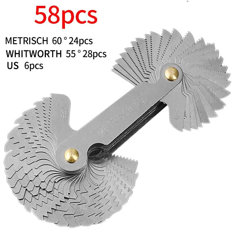 58PCS Stainless Steel Pitch Scale High Precision Measuring Tool Insert U.S. Screw Gauge + Metric Inch One Piece Thread Samples