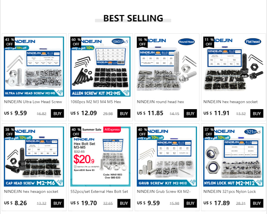 NINDEJIN hex hexagon socket button head screw nut carbon steel m2 m2.5 m3 m4 m5 m6 allen round head screw set bolt and nut set