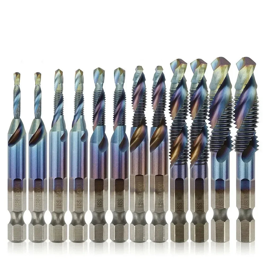 12Pcs HSS 1/4" Hex Shank Titanium Coated Screw Thread Metric Tap Drill Bits Set M5 M6 M8 M10 Combination Bit Hand Tools