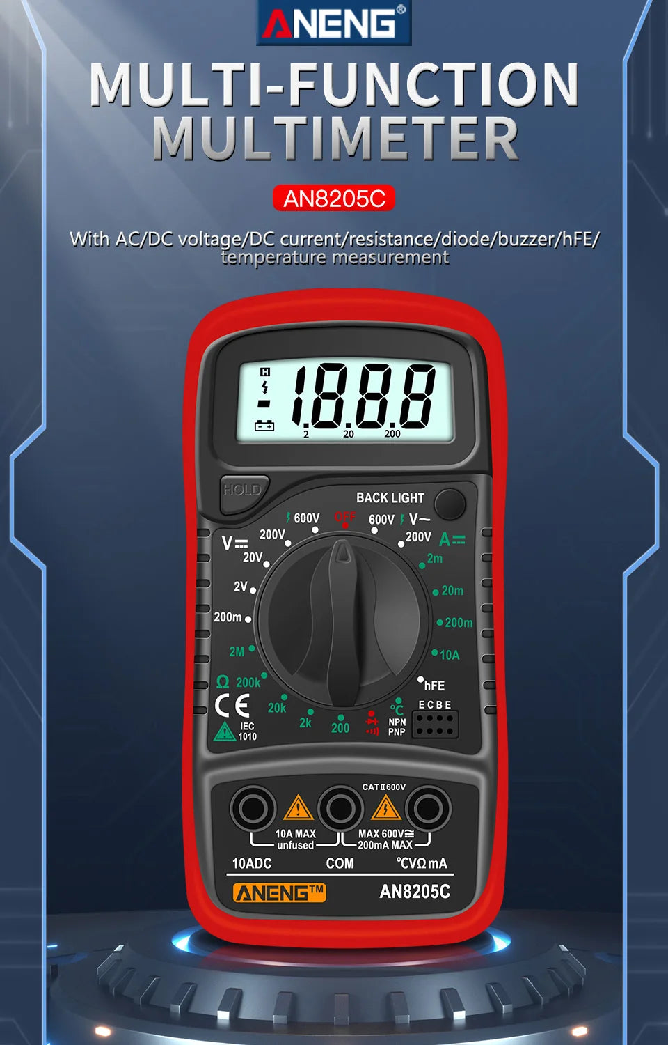 ANENG AN8205C Digital Multimeter AC/DC Ammeter Volt Ohm Multimetro Tester Meter With Thermocouple LCD Backlight Portable