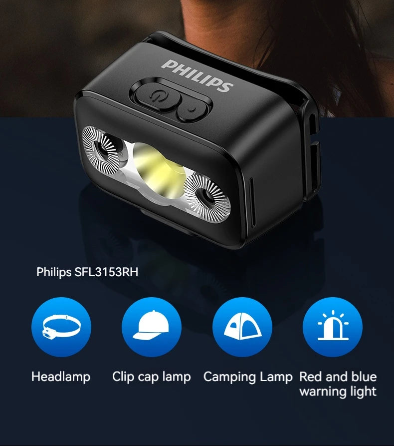 PHILIPS LED Headlamp Sensor Head Flashlight Ten Types of Lighting Type-C Rechargeable Headlight Outdoor Camping Fishing Lantern