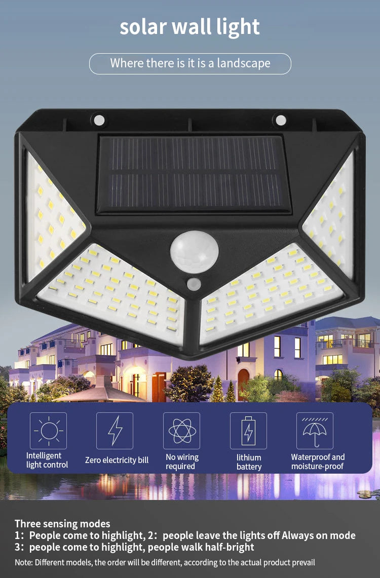 1~12PCS 100 LED Solar Wall Lamp 4 Sides Luminous With Motion Sensor Outdoor Garden Courtyard Waterproof Wall Light