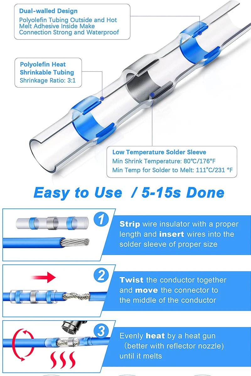 Heat Shrink Connectors Sleeve Tube Terminals Electrical Butt Splice Wire Connector Splice Solder Insulated Electrical Cable