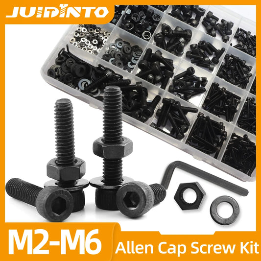 JUIDINTO Hex Socket Cap Head Screw Nut Assortment Kit M2 M2.5 M3 M4 M5 M6 12.9 Grade Allen Head Bolt and Nut with Washer Hex Key