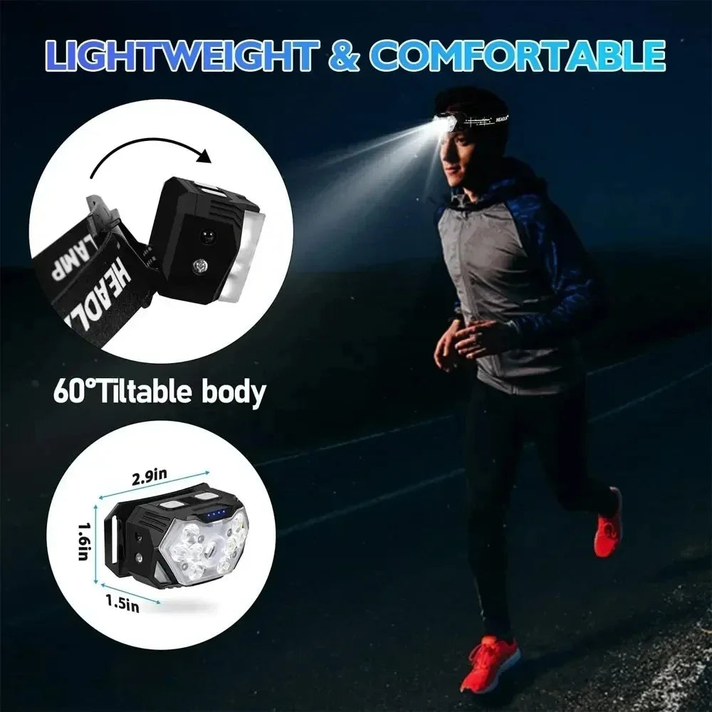 Lampe frontale rechargeable par USB avec détecteur de mouvement et 9 LED - Lampe frontale portable à lumière puissante pour la pêche, le camping, l'extérieur 