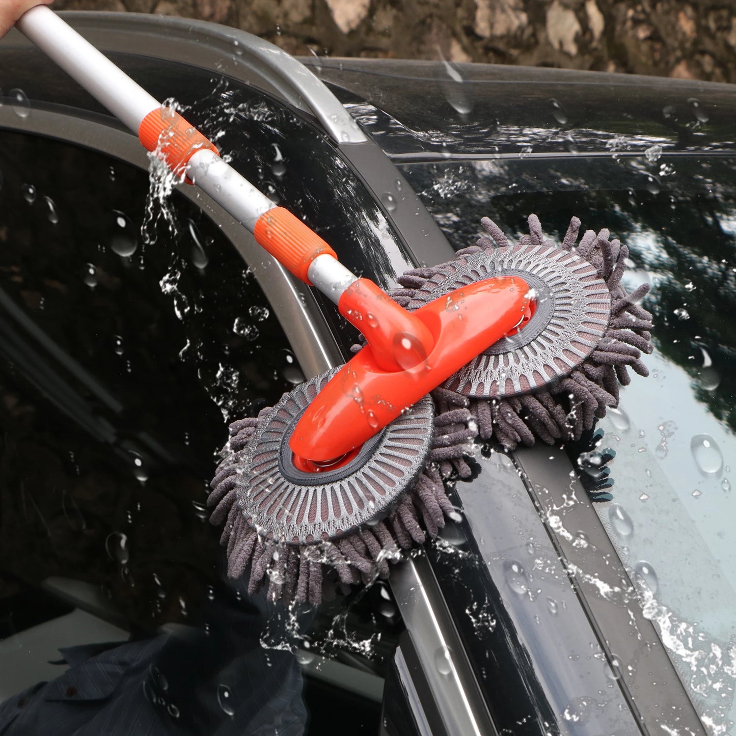 Rotating Double Brush Head Car Wash Mop Auto Supplies Three-Section Telescopic Mop Roof Window Cleaning Maintenance Accessories