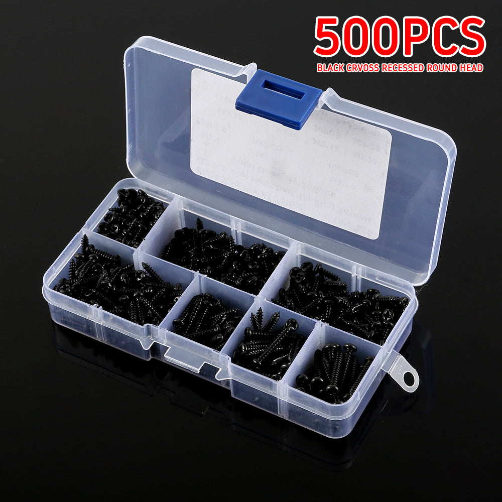 340/500pcs Pan Head Tapping Screw Cross Head M3/M4/M3.5/M4.8 Self Tapping Screw Set Assortment Kit Black Furniture Carbon Steel