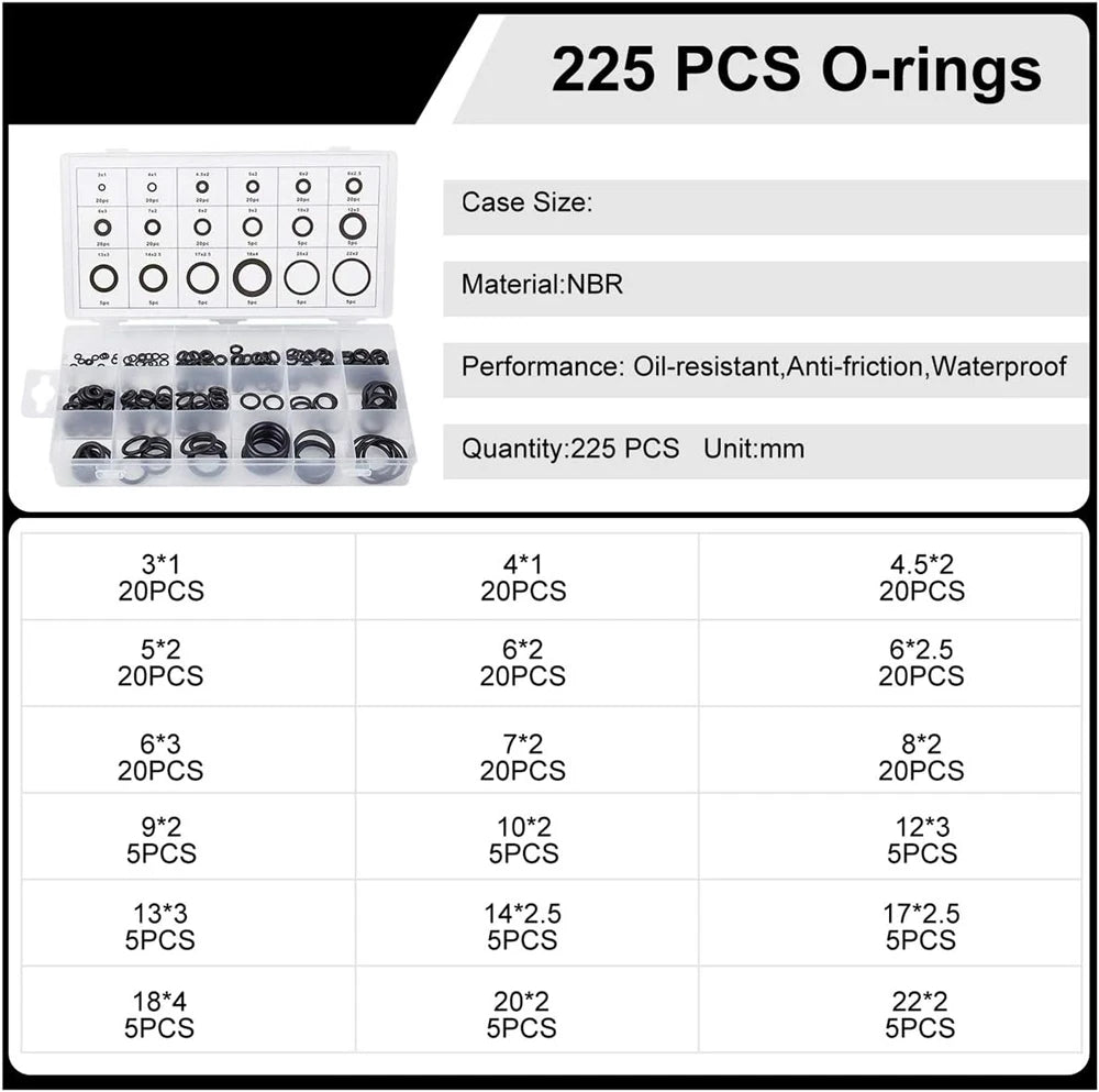 419/225PCS Rubber O-Ring Assortment Kit Buna-N Gasket Sealing Replacement O-Rings 32 Metric Sizes for Plumbing Faucet Repair