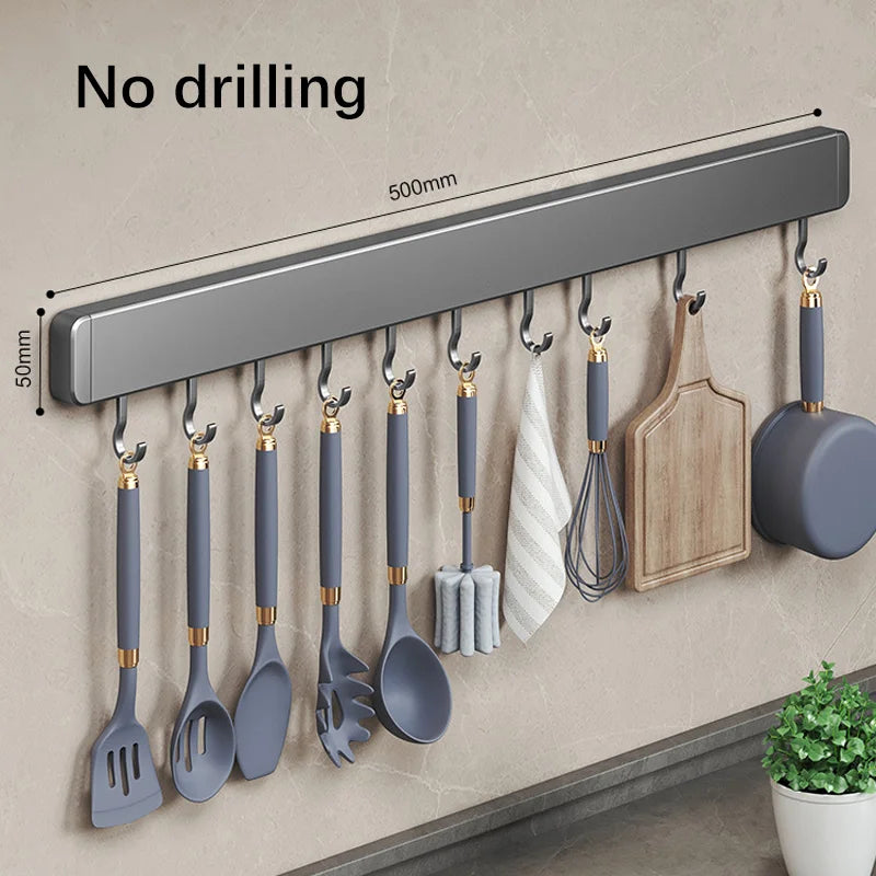 Kitchen Storage Rack Non-perforated shelves Wall Mounted with Movable hook Spoon Holder Organizer  Kitchen Utensil Accessories