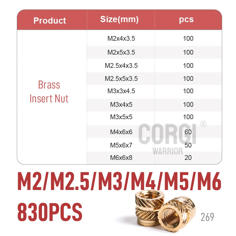 Brass Female Thread Knurled Inserts Nuts Kit M2/M2.5/M3/M4/M5/M6/M8 65-1080 3D Printing Hot Melt Threaded Embedment Insert Nut