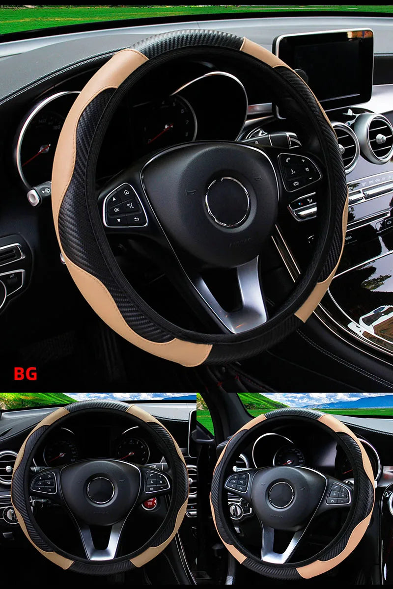 Car Steering Wheel Cover Breathable Anti Slip PU Leather Steering Covers Suitable 37-38.5cm Auto Decoration Carbon Fiber