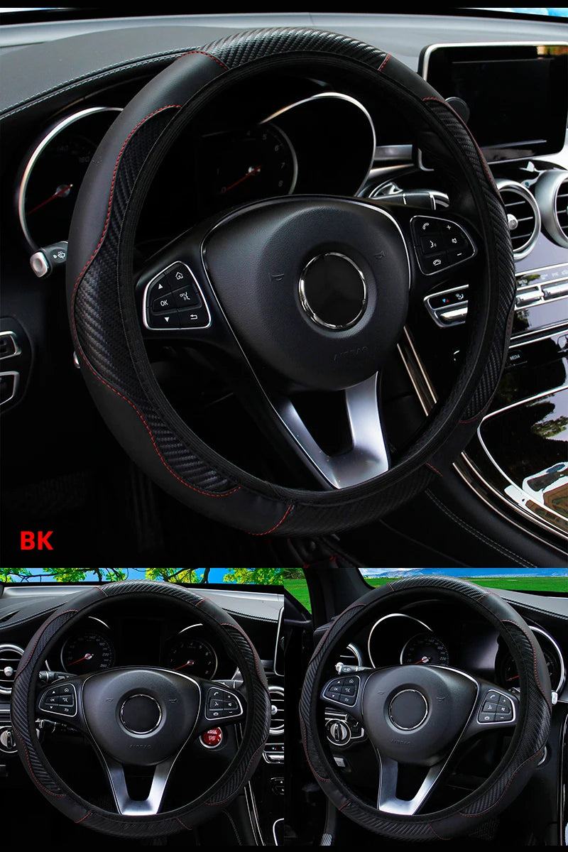 Car Steering Wheel Cover Breathable Anti Slip PU Leather Steering Covers Suitable 37-38.5cm Auto Decoration Carbon Fiber