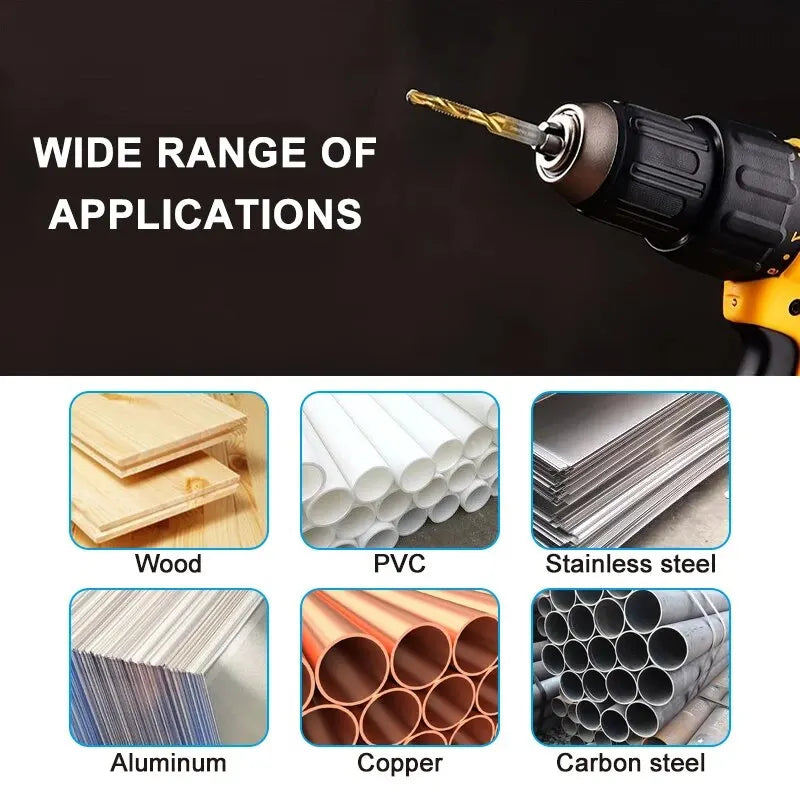 6pc High-speed Steel 4341 Titanium Plated Composite Tap Drill and Tap Integrated Machine Tap Open and Chamfer Tool Set